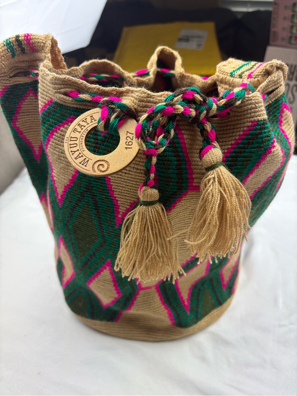 Yuu Handwoven Bucket Shoulder Bag - Green, Tan & Pink